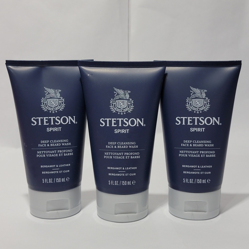 3pk Stetson Spirit Deep Cleansing Face and Beard Wash Bergamot Leather 5oz New
